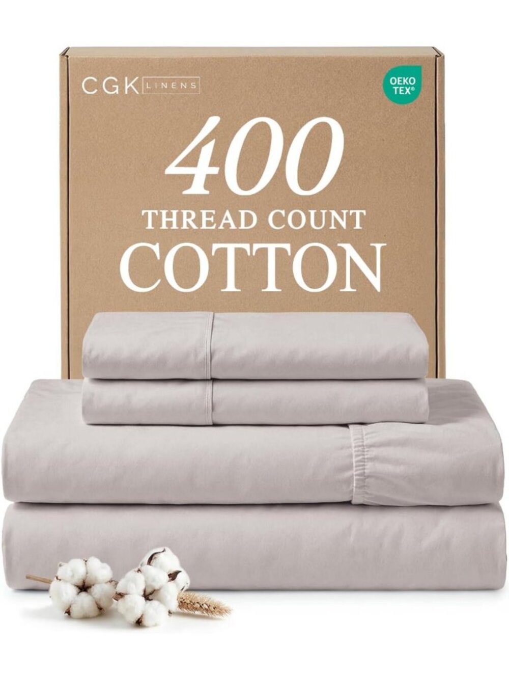 King 4-Piece 100% Cotton Sheet Set - Luxurious 400 Thread Count Sateen - Light
